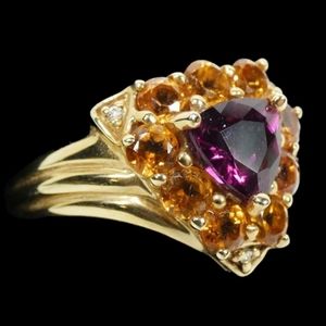 14K Yellow Gold Garnet Ring with Citrine Halo and Diamond Accents